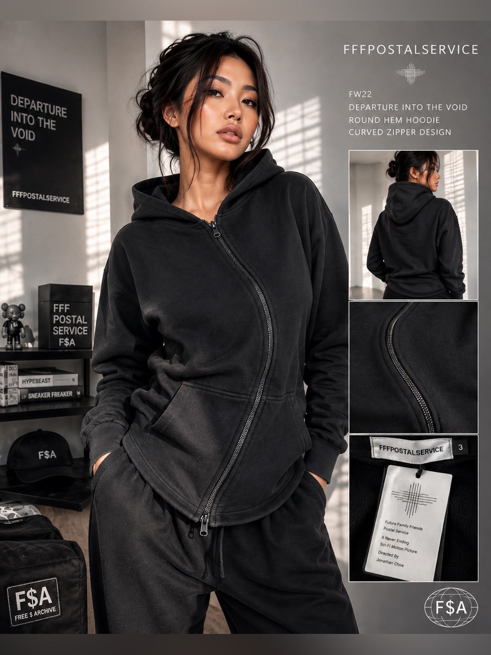 FFFPOSTALSERVICE
Curved Zip-Up Round Hem Hoodie | Archive • FW’22